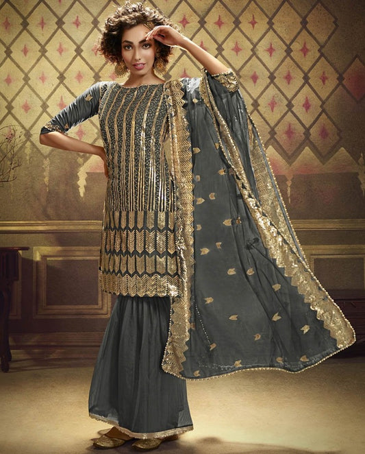 Grey soft net sequence work party wear sharara salwar suit