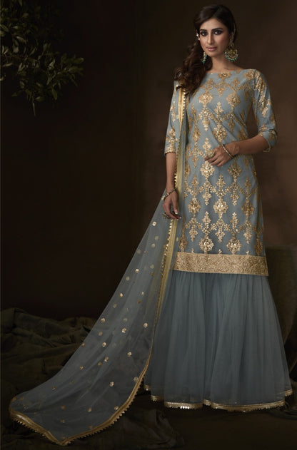 Grey soft net sequence work party wear sharara salwar suit