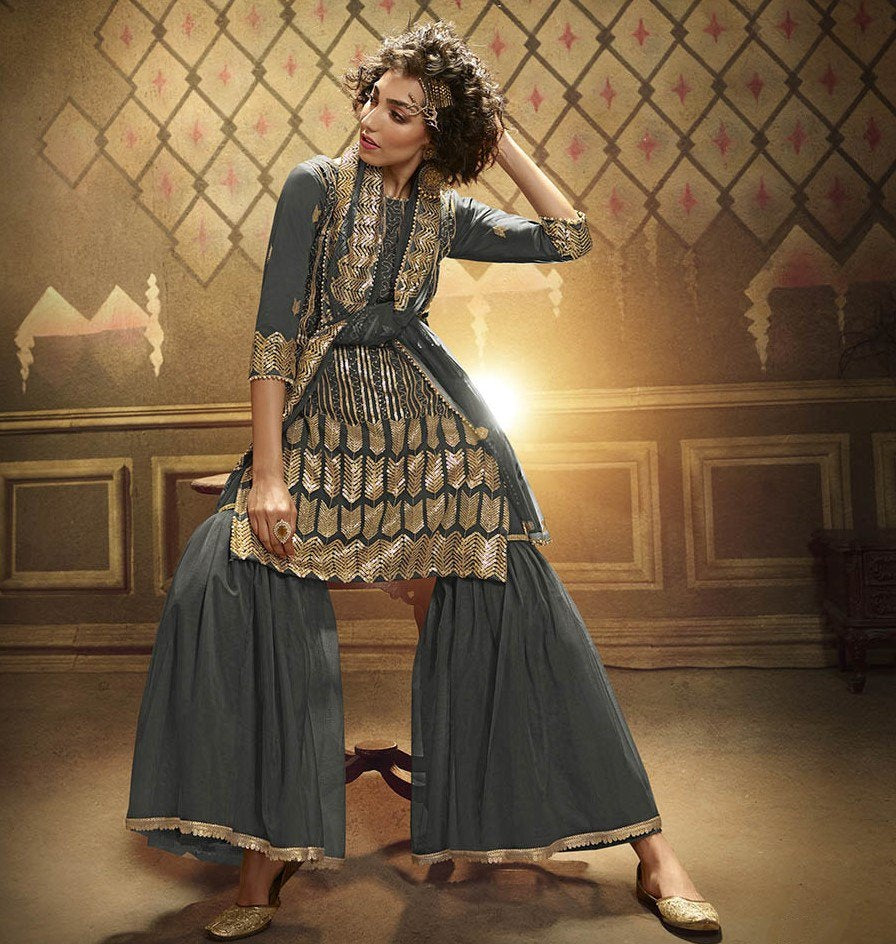 Grey soft net sequence work party wear sharara salwar suit