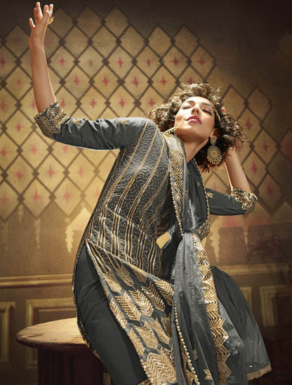 Grey soft net sequence work party wear sharara salwar suit