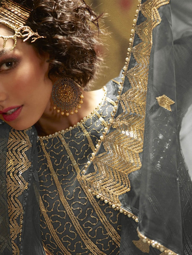 Grey soft net sequence work party wear sharara salwar suit