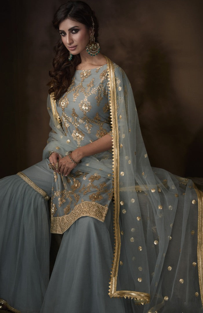 Grey soft net sequence work party wear sharara salwar suit
