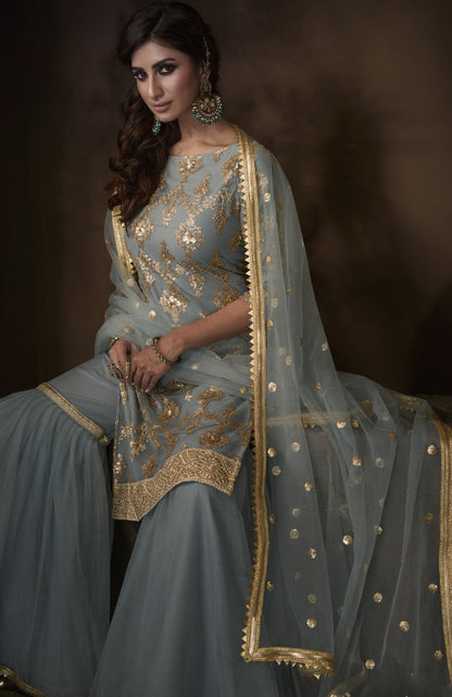Grey soft net sequence work party wear sharara salwar suit