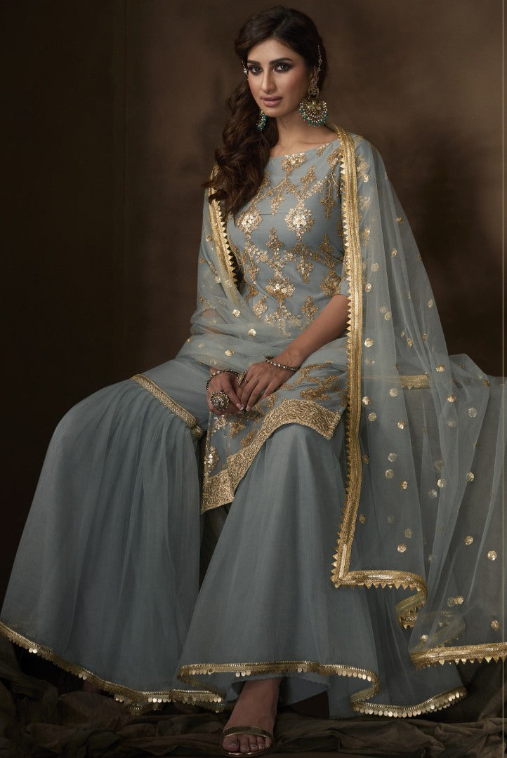 Grey soft net sequence work party wear sharara salwar suit