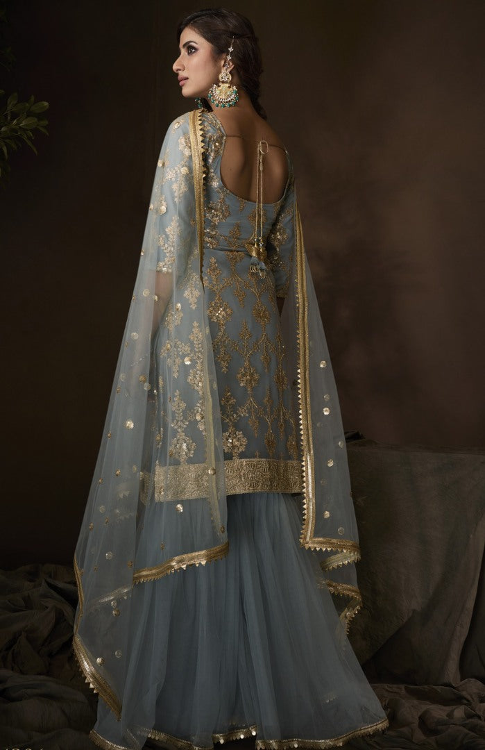 Grey soft net sequence work party wear sharara salwar suit