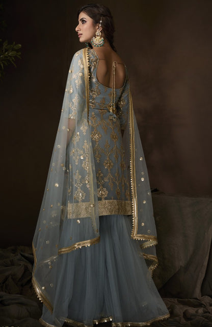 Grey soft net sequence work party wear sharara salwar suit