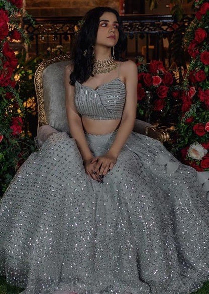 Grey soft net sequence worked wedding lehenga choli