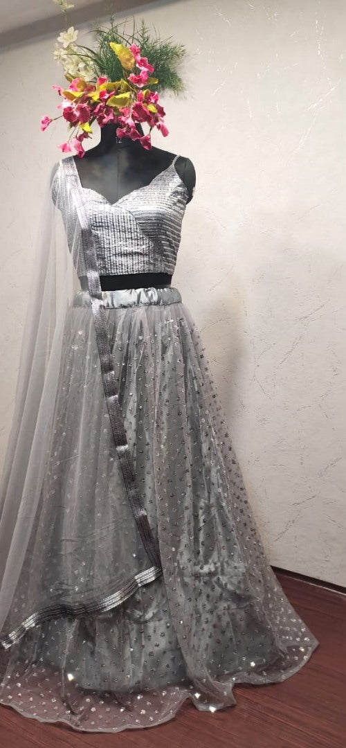 Grey soft net sequence worked wedding lehenga choli