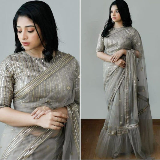 Grey tafeta heavy nylon embroidery sequence saree