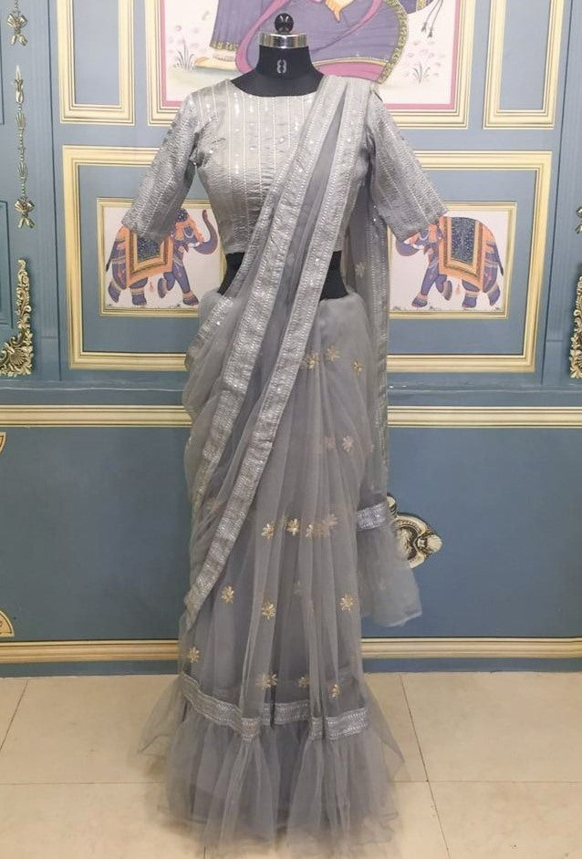 Grey tafeta heavy nylon embroidery sequence saree