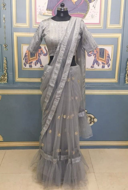 Grey tafeta heavy nylon embroidery sequence saree