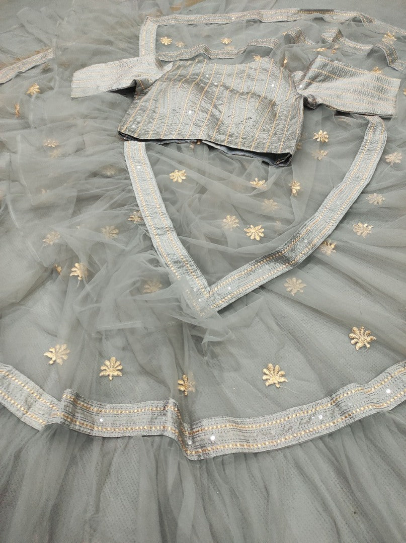 Grey tafeta heavy nylon embroidery sequence saree