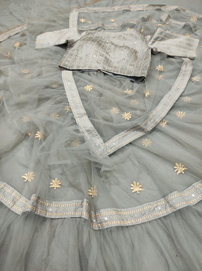 Grey tafeta heavy nylon embroidery sequence saree