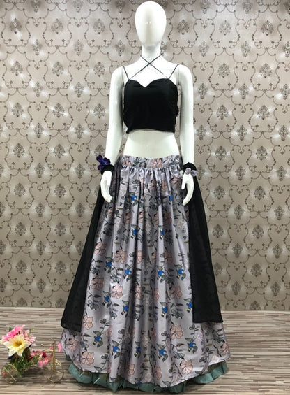 Grey taffeta silk digital printed lehenga choli