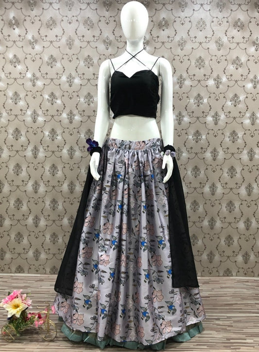 Grey taffeta silk digital printed lehenga choli