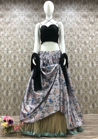 Grey taffeta silk digital printed lehenga choli