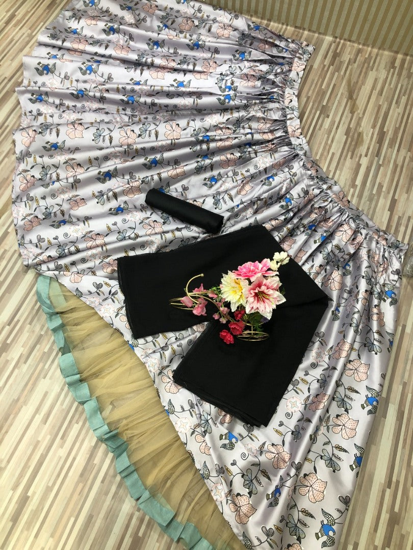 Grey taffeta silk digital printed lehenga choli