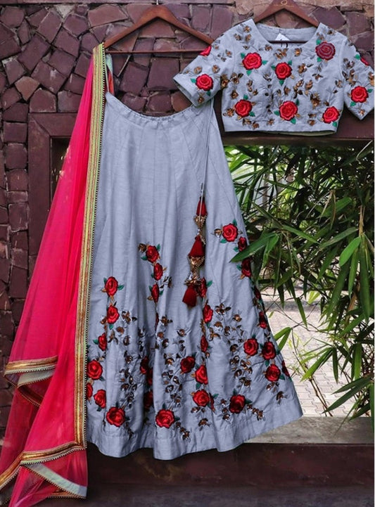 Grey tapeta silk embroidered partywear lehenga