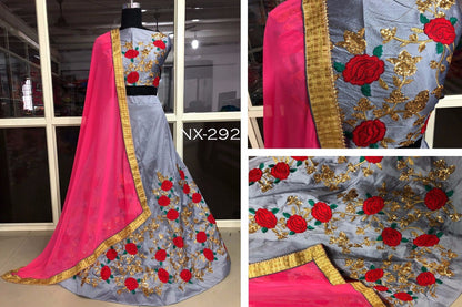 Grey tapeta silk embroidered partywear lehenga