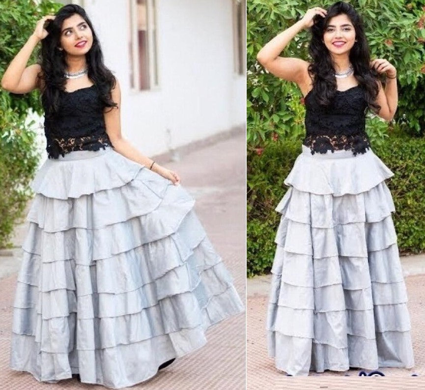 Grey tapeta silk multi ruffle layered stylist crop top lehenga