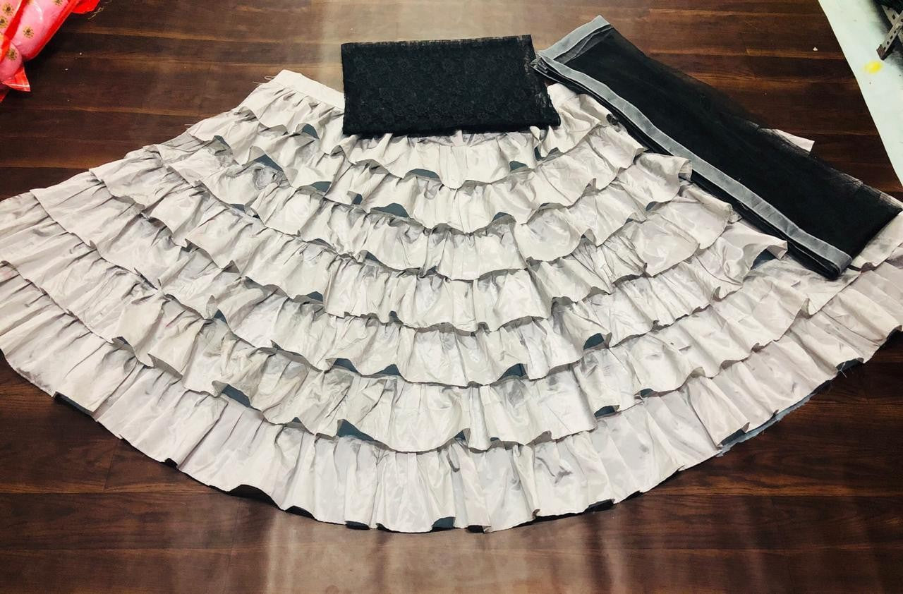 Grey tapeta silk multi ruffle layered stylist crop top lehenga