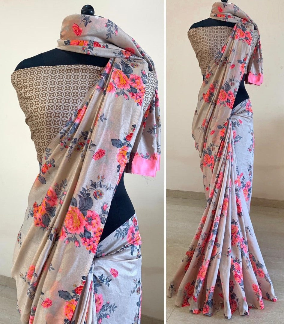 Grey vichitra cotton party wear saree