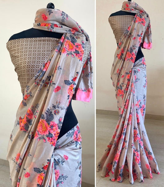 Grey vichitra cotton party wear saree