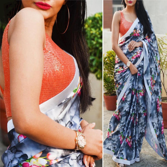 Grey vichitra silk digital flower printed saree