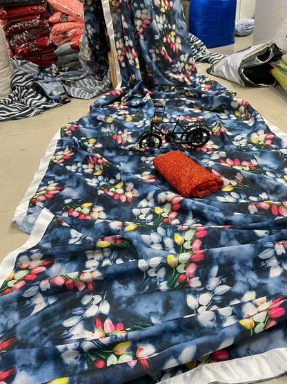 Grey vichitra silk digital flower printed saree