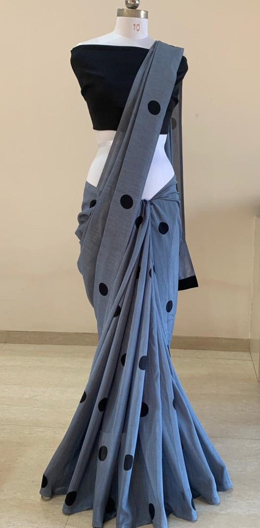 Grey vichitra silk dots printed saree