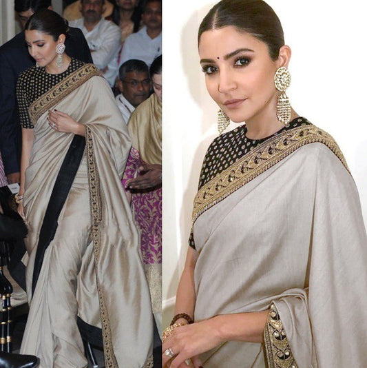 grey vichitra silk embroidered bollywood style partywear saree