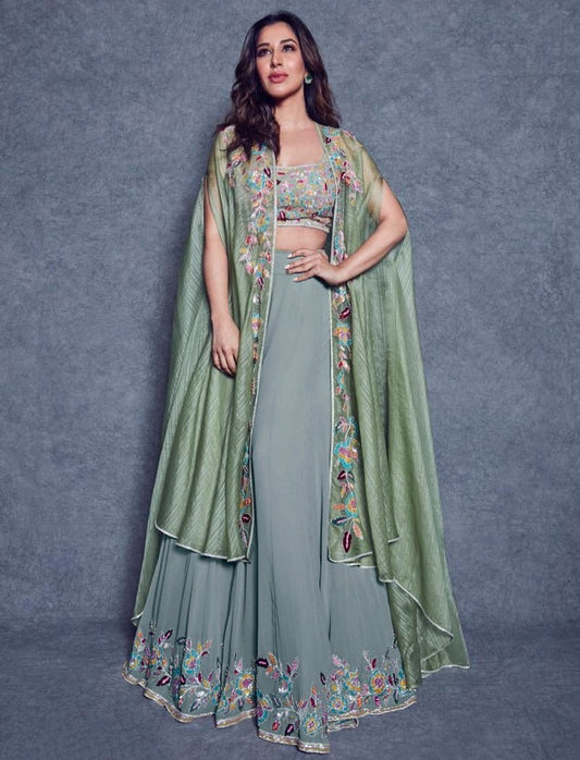 Grey vichitra silk embroidered lehenga choli