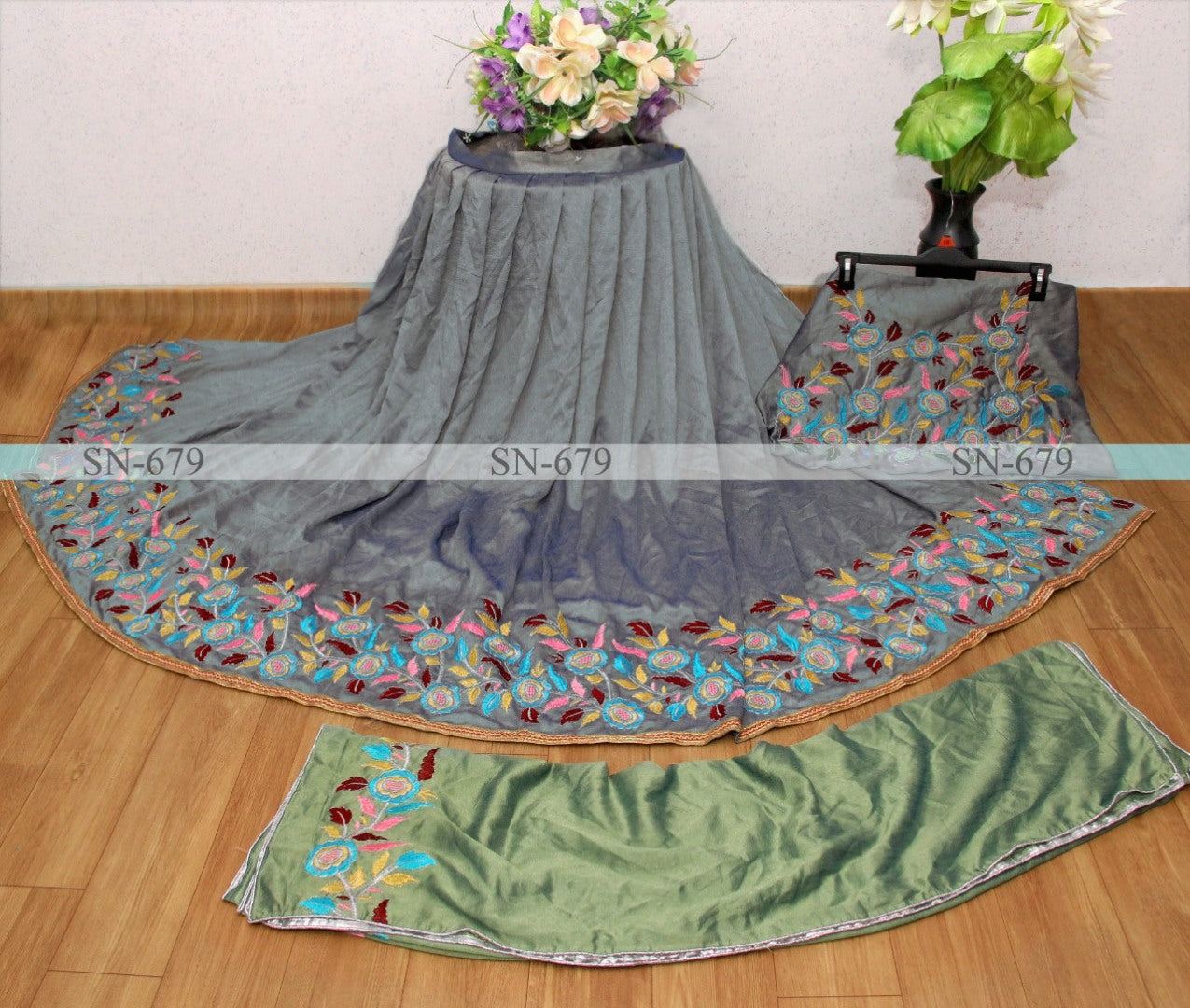 Grey vichitra silk embroidered lehenga choli