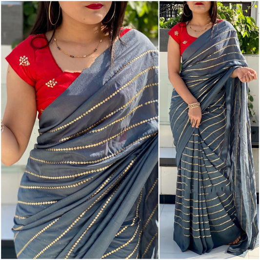 Grey vichitra silk sequence work partywear saree