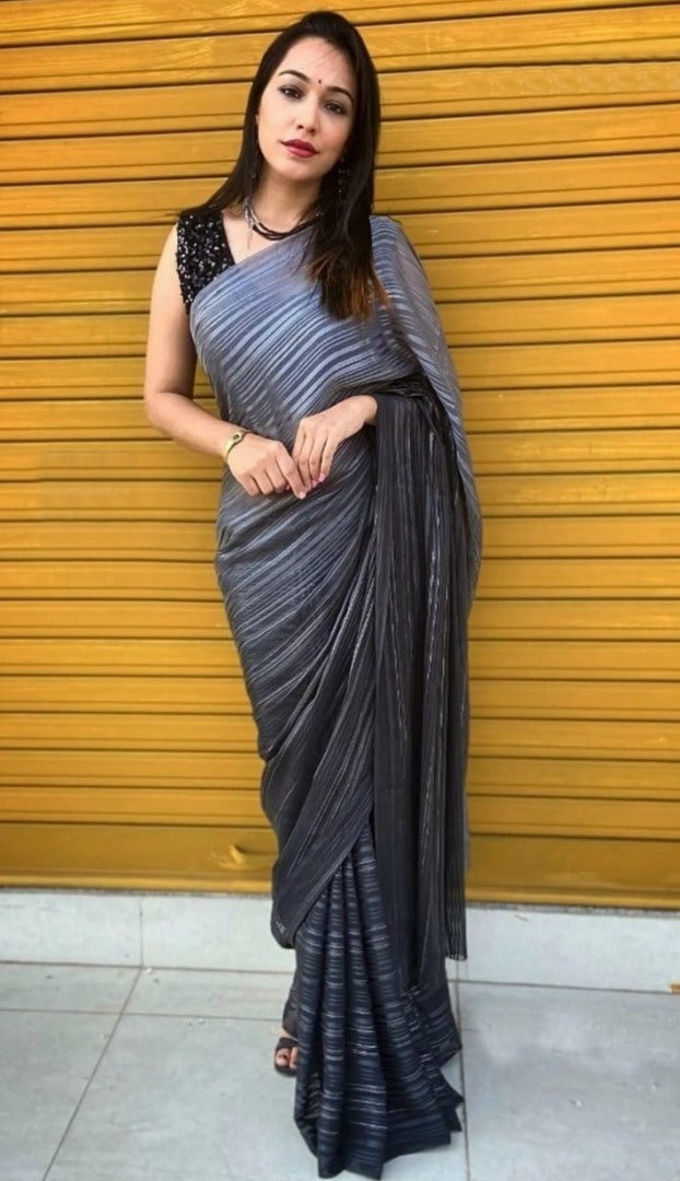 Grey vichitra silk weightless silver zari patta work saree