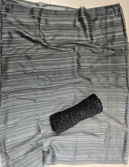 Grey vichitra silk weightless silver zari patta work saree