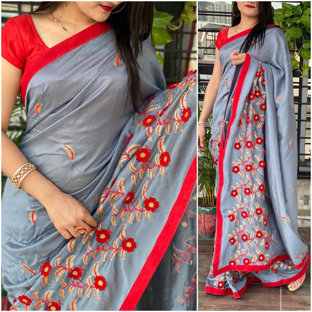 Grey vichitra velvet cutwork and glitter sequence saree