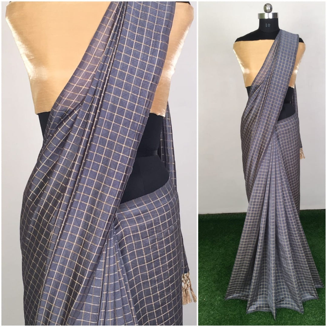 Grey zany silk small chex saree