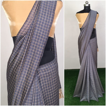Grey zany silk small chex saree