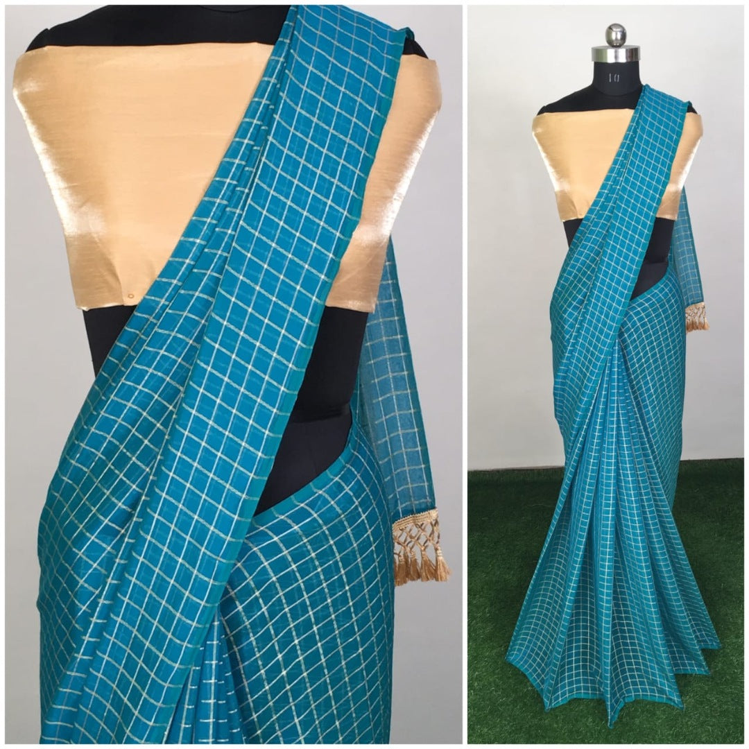 Grey zany silk small chex saree