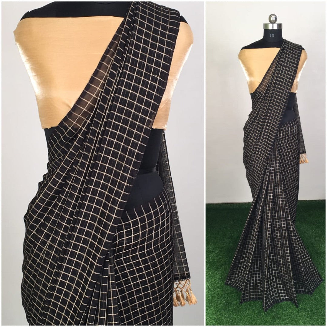 Grey zany silk small chex saree