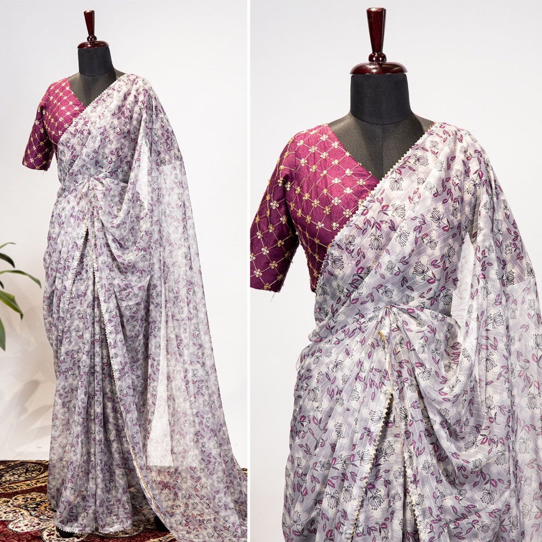 Grey zari chiffon printed saree