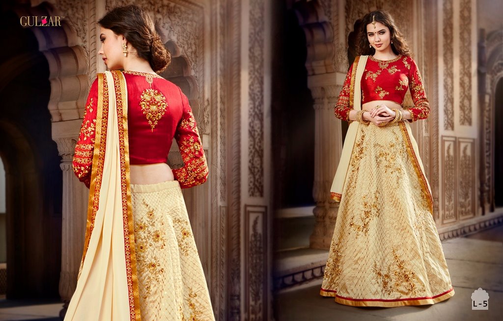 Gulzar beige and red heavy embroidered lehenga