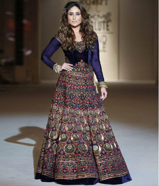 Heavy blue velvet embroidered bollywood style ceremonial gown