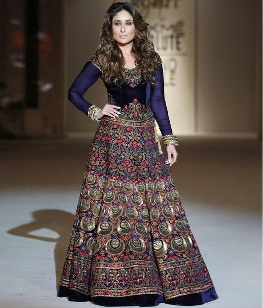 Heavy blue velvet embroidered bollywood style ceremonial gown