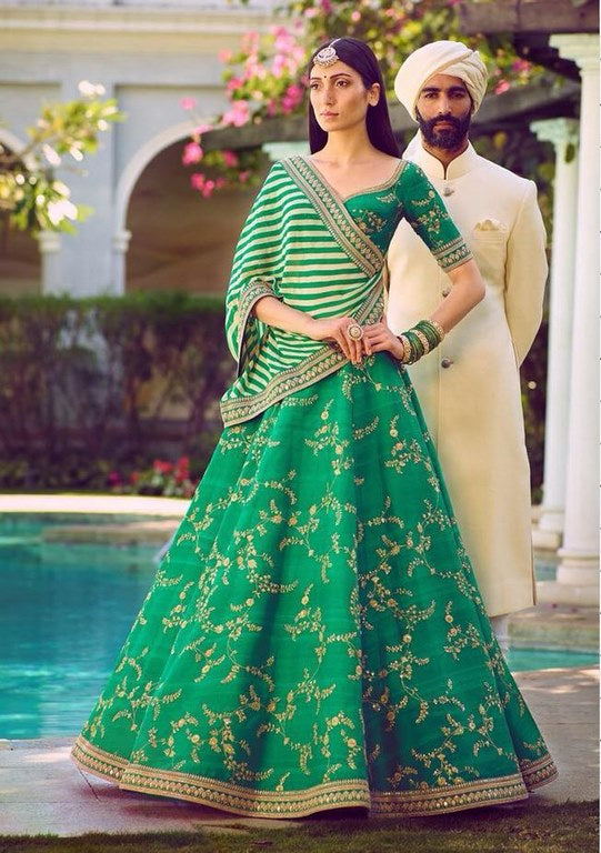 Heavy embroidered green phantom silk bridal wedding lehenga