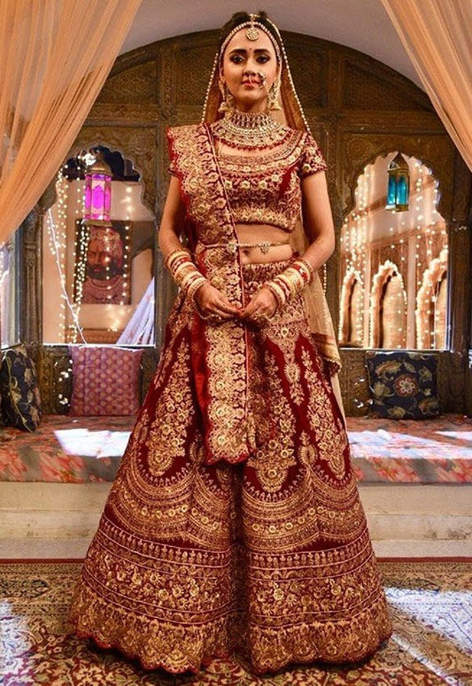Heavy embroidered maroon wedding bridal lehenga