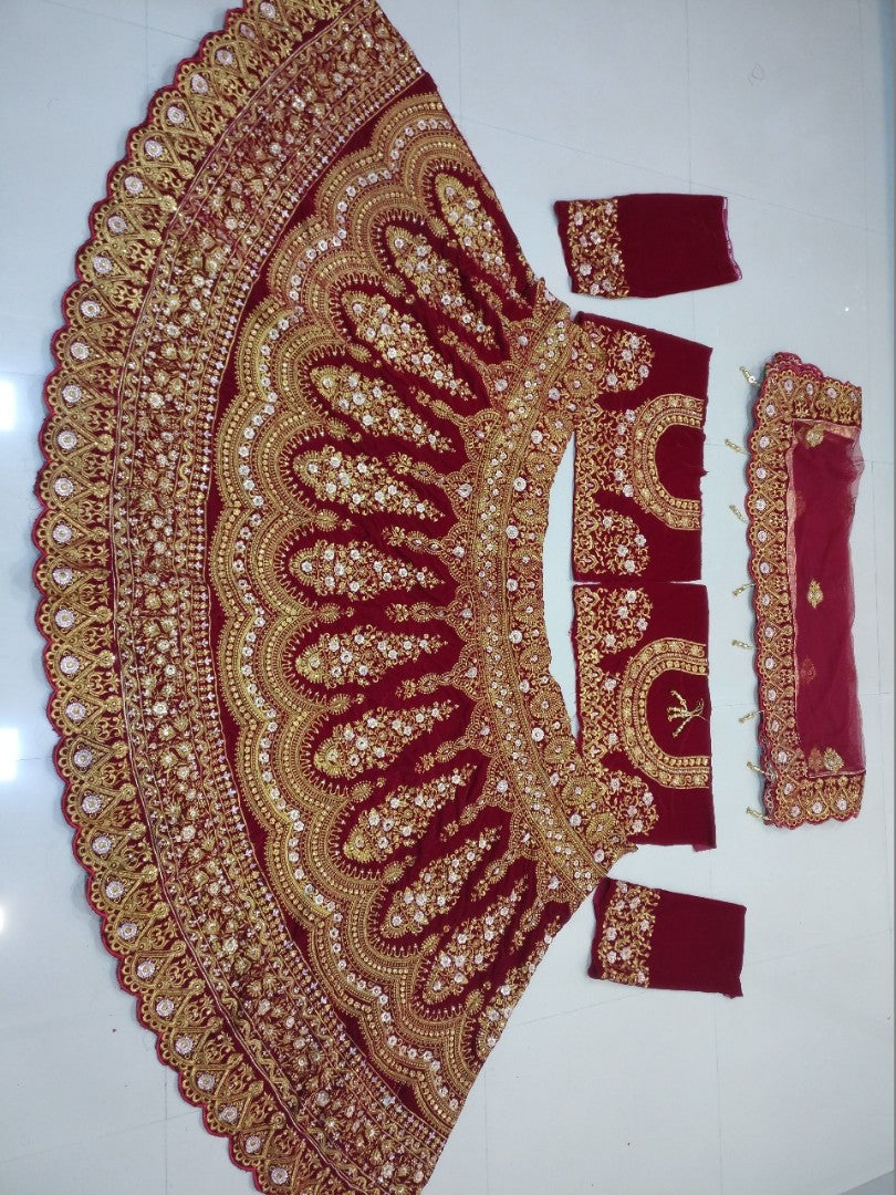 Heavy embroidered maroon wedding bridal lehenga