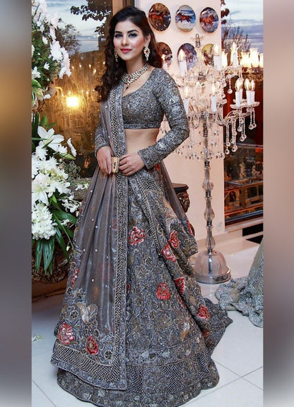 Heavy embroidered mono net grey bridal wedding lehenga
