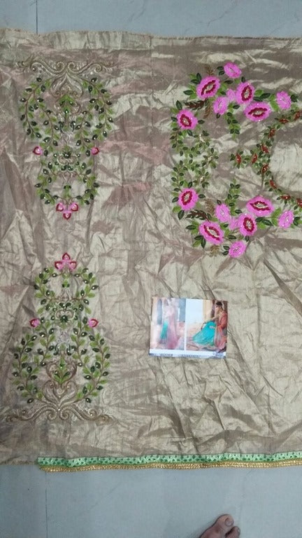 heavy embroidered orange and rama half wedding saree